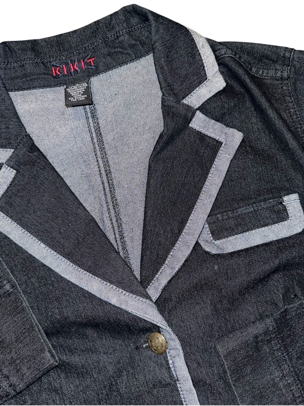 KIKIT Vintage Y2K Dark Wash Denim Blazer Jacket Size L Contrast Trim Piping